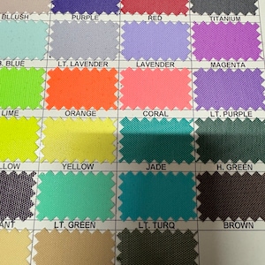 May include: A color chart with fabric swatches in various colors, including black, turquoise, burgundy, blush, purple, red, titanium, blue, lavender, magenta, lime, orange, coral, light purple, yellow, jade, dark green, light green, light turquoise, brown, beige, and olive.