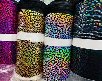 Nuevo diseño de leopardo exótico de alta calidad de nailon elastizado metálico holográfico con lámina elástica en 4 direcciones 58/60”. Vendido por YD.