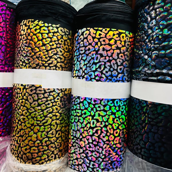 New Exotic Leopard design high quality of hologram metallic Stretch nylon spandex with foil 4-way stretch 58/60” Sold by the YD.