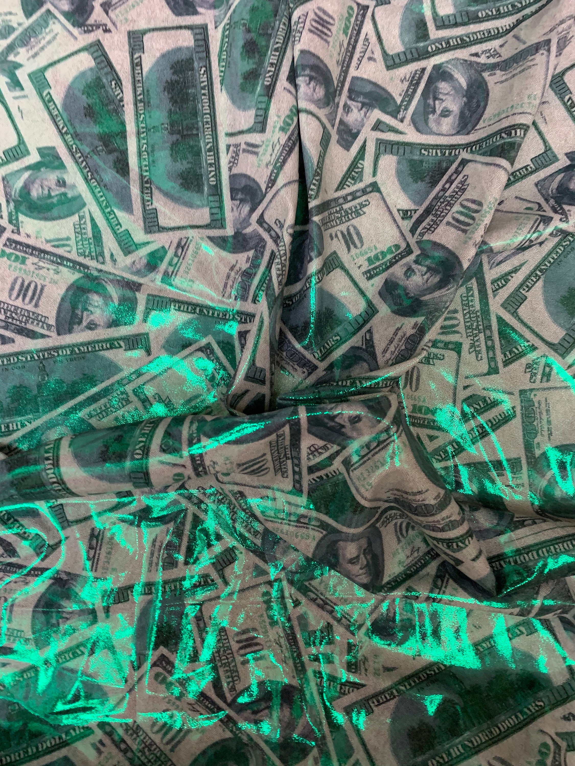 Money Print Fabric - Light Blue Metallic - 100 Dollar Bills Stretch Sp