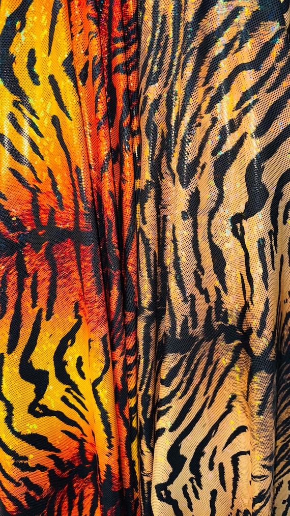 New Wild Tiger design on Hologram shattered glass metallic nylon spandex 4-way stretch 58/60” High quality fabrics by AlexLAFabrics