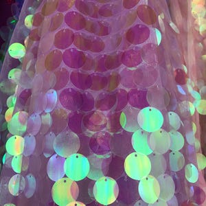 May include: A close-up of iridescent purple and green sequins on a sheer white mesh fabric. The sequins are round and have a holographic finish.