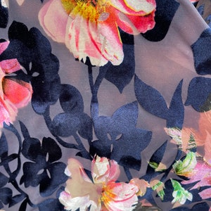 New Luxury burnout velvet flower design Navy/pink  4-way stretch 58/60” Sold by the YD. Ships Worldwide from Los Angeles California USA.
