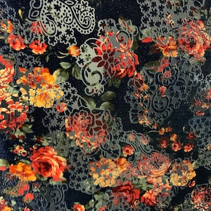 New burnout velvet exotic Flower design multicolor 4way Stretch 58/60&quot; Sold by the YD. Ships worldwide from Los Angeles California USA.