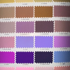May include: Swatch card with 28 fabric samples, each labeled with a number and color name. The colors range from white to dark purple and include shades of beige, pink, lavender, and blue.