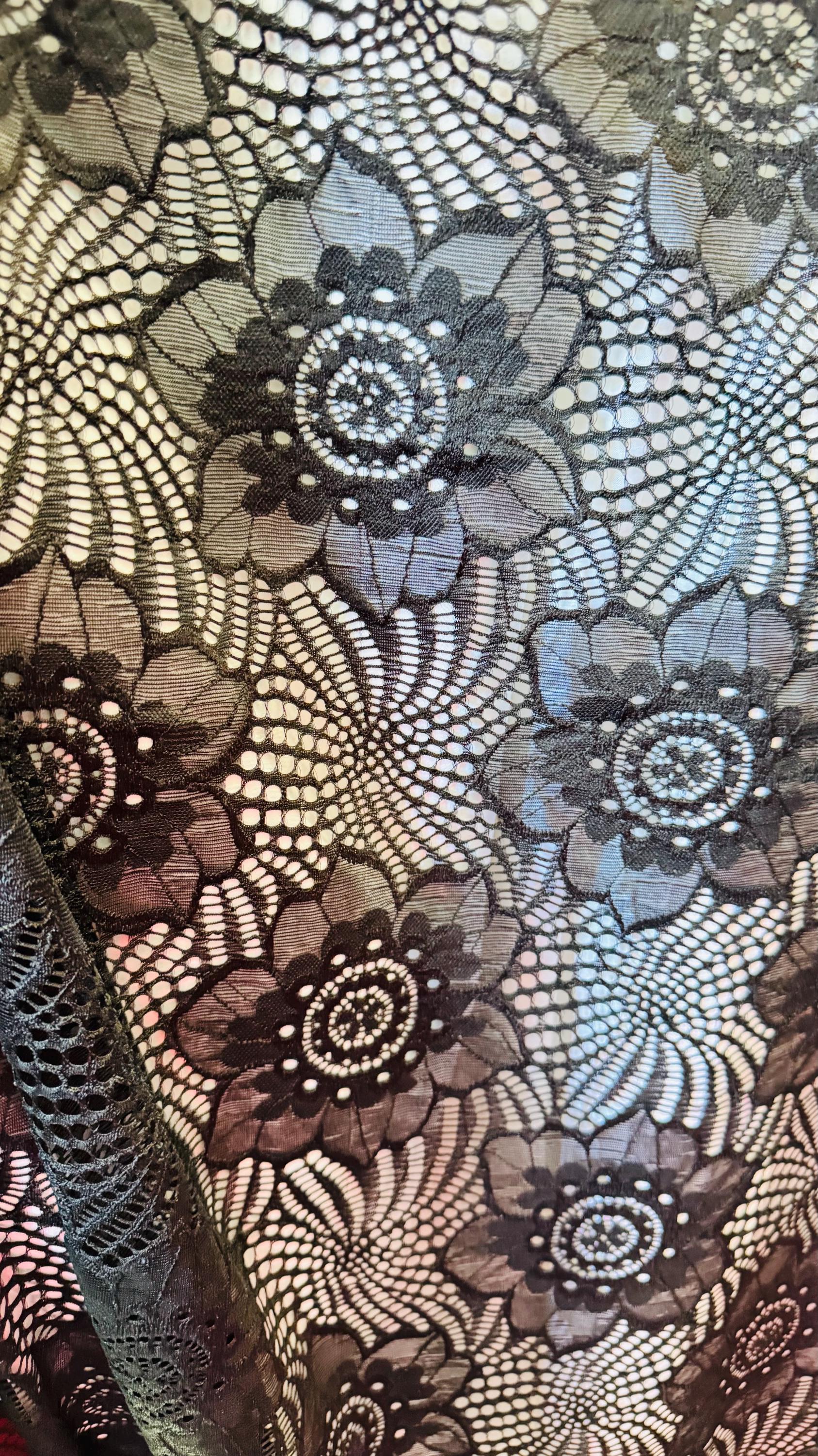 New Victoria stretch black lace 4-way stretch nylon spandex 52/54” Sold by the YD. Ships Worldwide from Los Angeles California USA