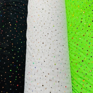 Luxury stretch power mesh with Lacer hologram sequins all over 4-way stretch 58/60” Sold by the YD.
