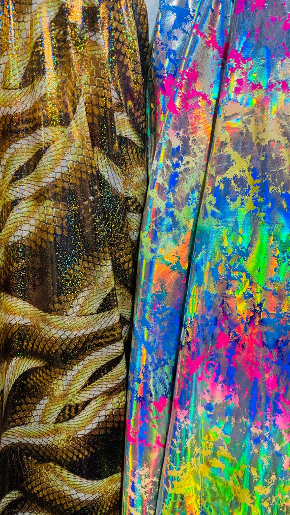 New Hologram King cobra design and splatter paint rainbow both metallic nylon spandex 4-way stretch 58/60” High quality fabrics by AlexLAFab