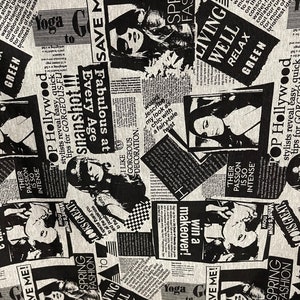 Puede incluir: Tela estampada en blanco y negro con un dise&ntilde;o de estilo peri&oacute;dico. La tela presenta im&aacute;genes de mujeres, texto y formas geom&eacute;tricas. El texto incluye frases como "Save Me!" y "Spring Fashion".