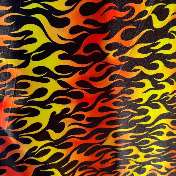 New Flame design Black/Fire color print on light weight poly spandex 2-way stretch 58/60” Sold by the Yd.