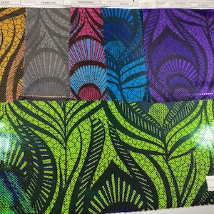 Magic Eye peacock design Metallic nylon spandex with foil dots great shiny quality 4-way stretch peacock spandex hologram.