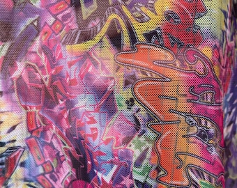 Graffiti design print on best quality of nylon spandex mesh 4way stretch 58/60” Sold by the YD. Ships Worldwide from Los Angeles California