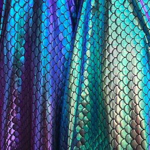Iridescent mermaid foil fish scales nylon spandex 4way Stretch 58/60&quot; Sold by the YD. Ships worldwide from Los Ángeles California USA