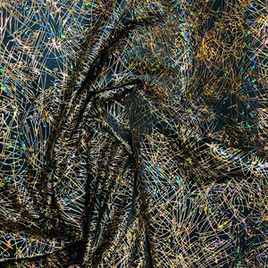 New Inspired Pollock design hologram nylon spandex 4-way stretch 58/60” Sold by the YD. Ships Worldwide from Los Angeles California USA.