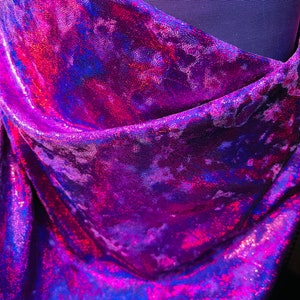 New Iridescence foggy foil on stretch velvet 4-way stretch 58/60” Sold by the YD. Ships Worldwide from Los Angeles California USA.