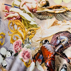 May include: A colorful fabric with a vintage design featuring angels, butterflies, roses, and a steampunk-inspired robot. The fabric has a light gray background with gold accents.