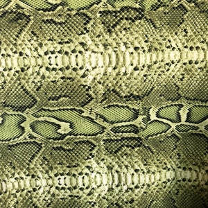May include: Close-up of a green and brown snakeskin pattern fabric. The fabric has a textured, scaly appearance.