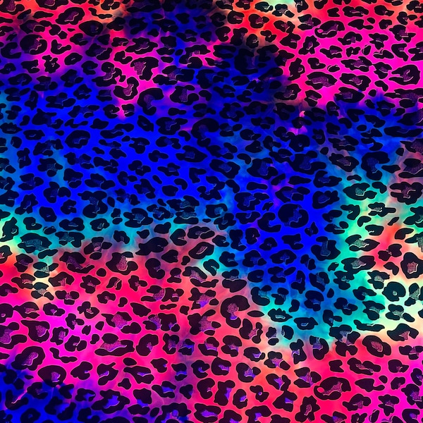 New Exotic Leopard design with metallic foil print on best quality of nylon spandex tie dye rainbow 4-way stretch UV light reactive 58/60”