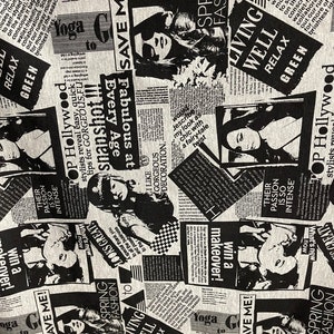 Puede incluir: Tela estampada en blanco y negro con un dise&ntilde;o de impresi&oacute;n de peri&oacute;dico. La tela presenta im&aacute;genes de mujeres, texto y formas geom&eacute;tricas. El texto incluye las palabras "Spring Fashion", "Save Me", "Yoga", "Hollywood", "Living Well" y "Relax Green".