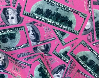 New Money design 100 dollars bill print on poly spandex 4-way stretch Hot pink/Green 58/60” Sold by the YD. Ships Worldwide from Los Angeles