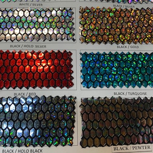 New hexagon hologram sequins on metallic spandex base 4way stretch 58/60” Sold by the YD. Ships worldwide from Los Angeles California USA.