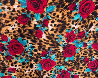 Nieuw exotisch dierenprintontwerp met rode bloemenprint op poly-elastisch 4-way stretch (58/60 inch) Verkocht per jaar. Verzending wereldwijd vanuit Los Angeles