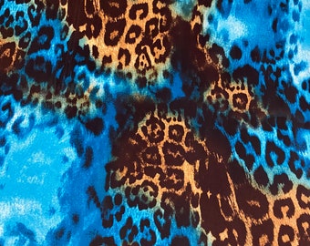 New exotic leopard design teal/brown print on poly spandex medium weight 4-way stretch 58/60” Sold by the YD. Ships worldwide from L.A CA.