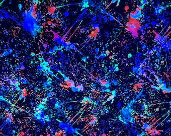 New splatter paint design Black/Multicolor print on nylon spandex 4-way stretch 58/60” Sold by the YD. It glow in the dark with Black Light