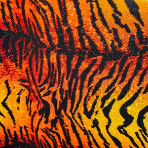 Puede incluir: Primer plano de una tela con un patr&oacute;n de rayas de tigre. La tela es naranja, amarilla y negra. Las rayas son gruesas y audaces.