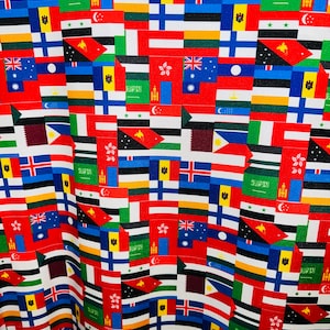 Drapeaux des nations imprimés sur du nylon spandex de grande qualité, extensible dans les 4 sens, 58/60 po. Vendu au DD.