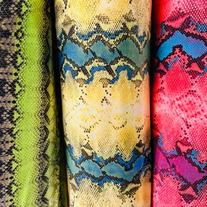 Exotic Python snake design print on great quality of poly spandex light weight 4-way stretch 58/60” Sold by the YD. Ships worldwide from L.A