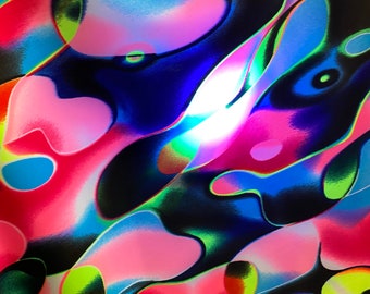 May include: Abstract pattern with swirling shapes in shades of pink, blue, green, and black. The pattern is reminiscent of a liquid or flowing substance.
