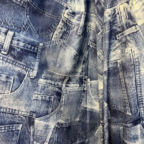 Jeans pocket design print on poly spandex 4-way stretch medium weight 58/60” Sold by the YD. Ships Worldwide from Los Ángeles California USA