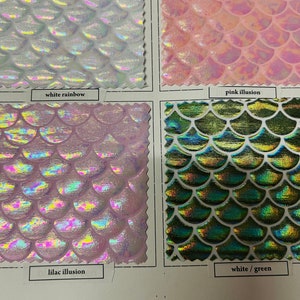 Iridescent mermaid foil fish scales nylon spandex 4way Stretch 58/60” Sold by the YD. Ships worldwide from Los Ángeles California USA.