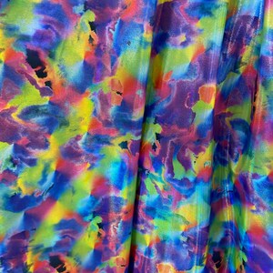New modern abstract design blue multicolor digital foil print lacer hologram metallic nylon spandex 4-way stretch 58/60” Sold by the YD.