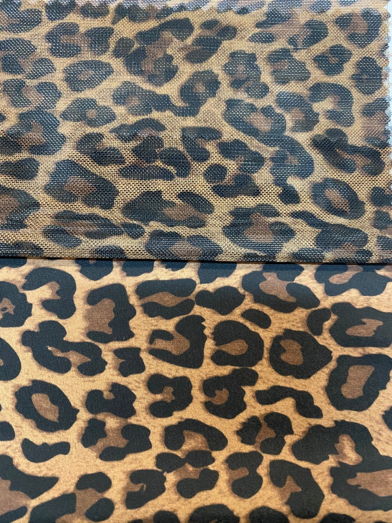 May include: Two fabric swatches with a leopard print pattern. The top swatch is a brown and black mesh fabric. The bottom swatch is a brown and black solid fabric.