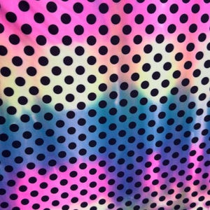 New rainbow polka dots design heavy nylon spandex 4way stretch 58/60" Sold by the YD. Ships worldwide from Los Ángeles California USA.