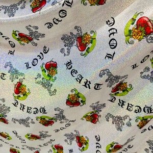 Luxury Love Heart design print on hologram metallic nylon spandex with foggy foil 4-way stretch 58/60”