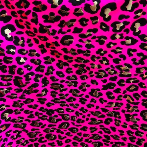 Metallic Exotic leopard design Pink/Gold it glows in the dark with black light best quality of nylon spandex 4-way stretch 58/60”