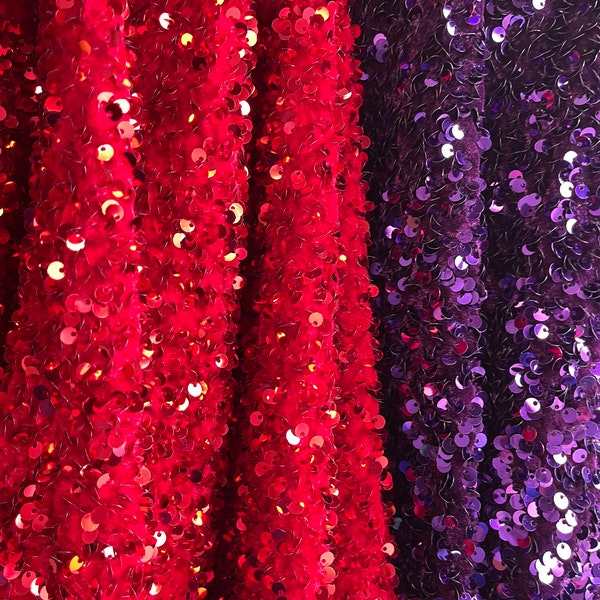 New stretch velvet with luxury sequins all over 5mm shining sequins 2-way stretch 58/60” Sold by the YD. Ships worldwide from Los Angeles CA