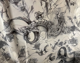 New Exotic Dragon design Gray/White print on power mesh 4-way stretch 58/60” Sold by the YD. Ships Worldwide from Los Angeles Californ