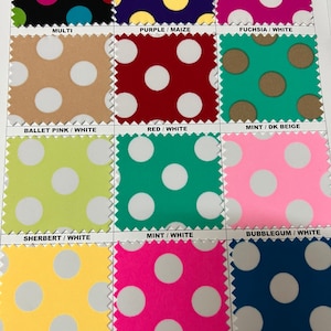 Polka dots design print on best quality of Matte nylon spandex 4-way stretch 58/60” Sold by the YD. Ships worldwide from Los Angeles CA USA.