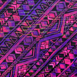 May include: A black fabric with a geometric pattern in shades of pink and purple. The pattern is made up of triangles, squares, and diamonds. The fabric has a glittery finish.