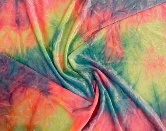 Rainbow multi pastel tie dye Luxury crushed velvet 4-way stretch 58-69” Sold by the YD. Ships Worldwide from Los Angeles California USA.