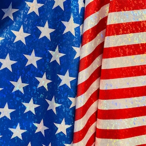 May include: Two pieces of fabric with a glittery finish, one with red and white stripes and the other with blue and white stars, resembling the American flag.