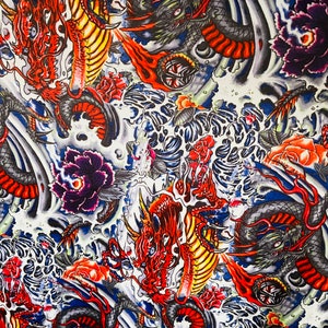 New Exotic Tattoo Dragon design Multicolor print on best quality of Nylon Spandex 4-way stretch 58/60” Sold by the YD. Ships Worldwide
