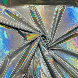 Oil slick design iridescent white silver foggy foil hologram metallic nylon spandex 4-way stretch 58/60” Sold by the YD.