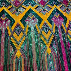 New geometric design 3D sequins multicolor on stretch mesh 2-way stretch 58/60&quot; Sold by the YD. Ships worldwide from Los Angeles California.
