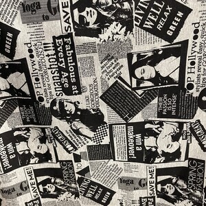 Puede incluir: Tela estampada en blanco y negro con un dise&ntilde;o de estilo peri&oacute;dico. La tela presenta im&aacute;genes de mujeres, texto y las palabras "Spring Fashion", "Living Well", "Relax" y "Green".