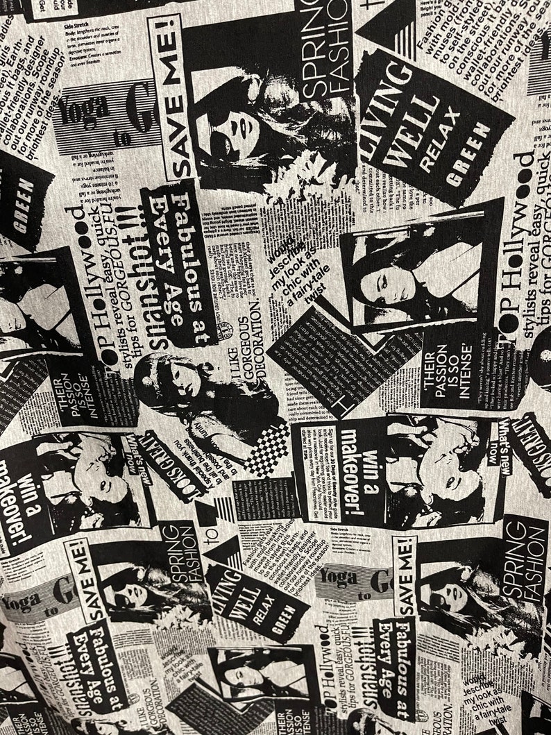Puede incluir: Tela estampada en blanco y negro con un dise&ntilde;o de estilo peri&oacute;dico. La tela presenta im&aacute;genes de mujeres, texto y las palabras "Spring Fashion", "Living Well", "Relax" y "Green".